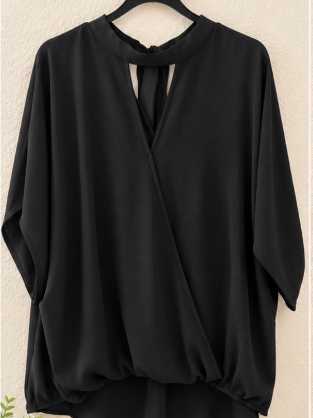 Women’s Black Wrap Front Blouse with Keyhole Tie